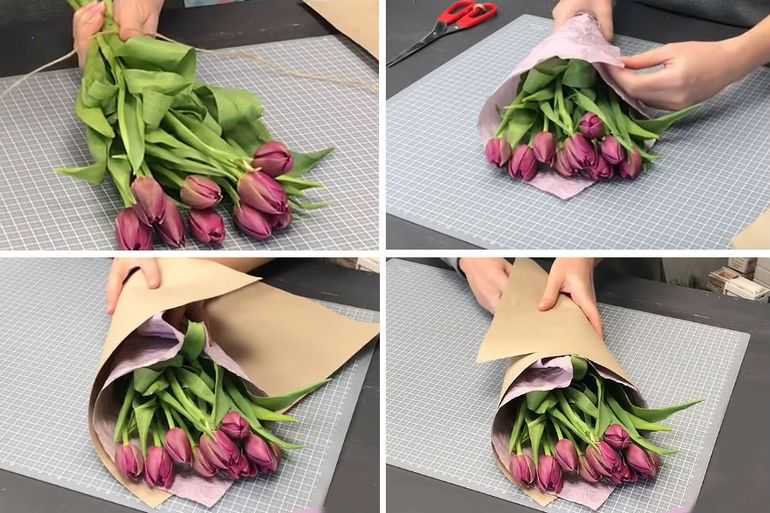 Упаковать тюльпаны в крафт бумагу пошагово